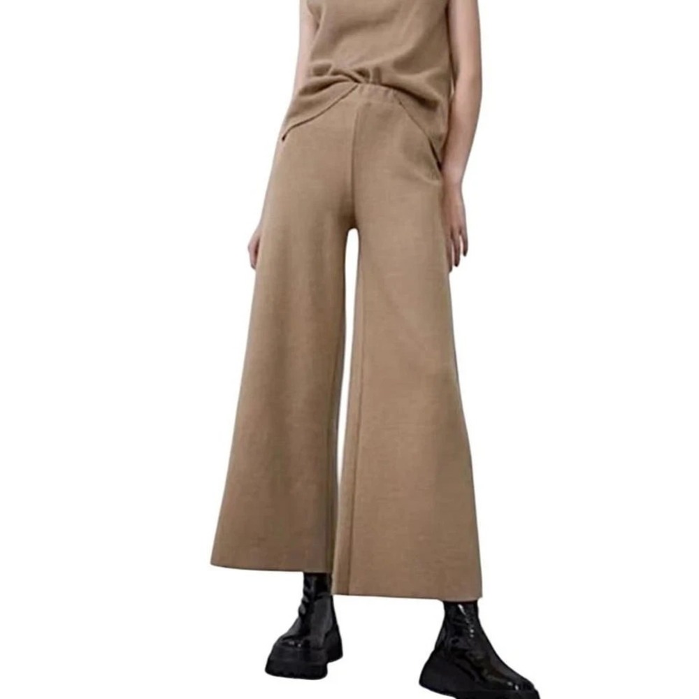 Zara Stretch Knit Wide Leg Pants Medium Light Brown Minimalist‎ Lounge Scandi